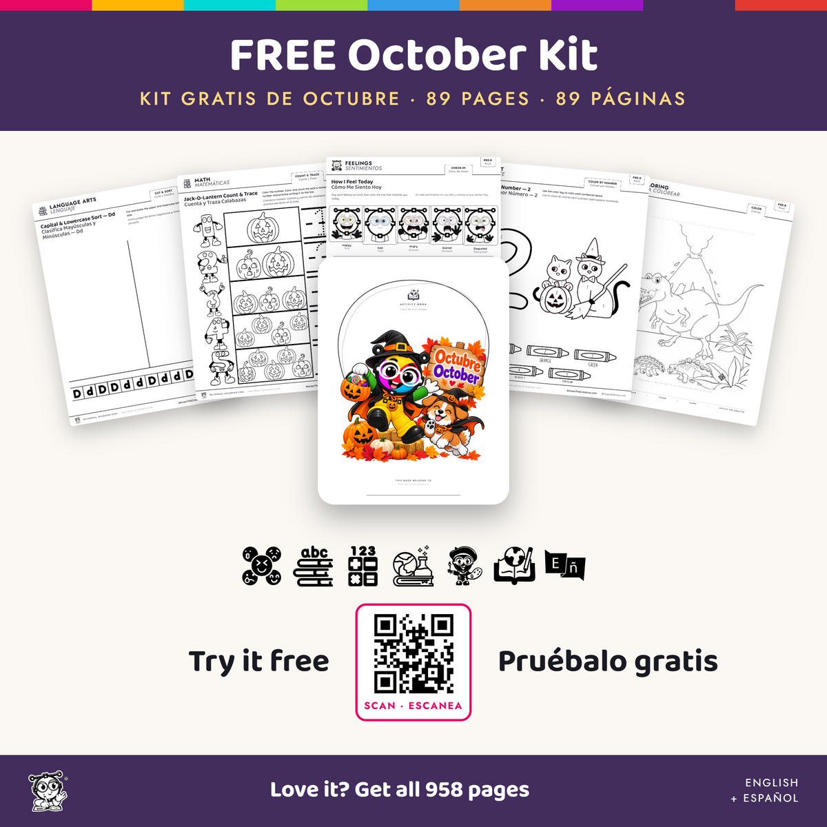 Free October Pre-K Bilingual Activity Kit (90 Pages) | English + Español
