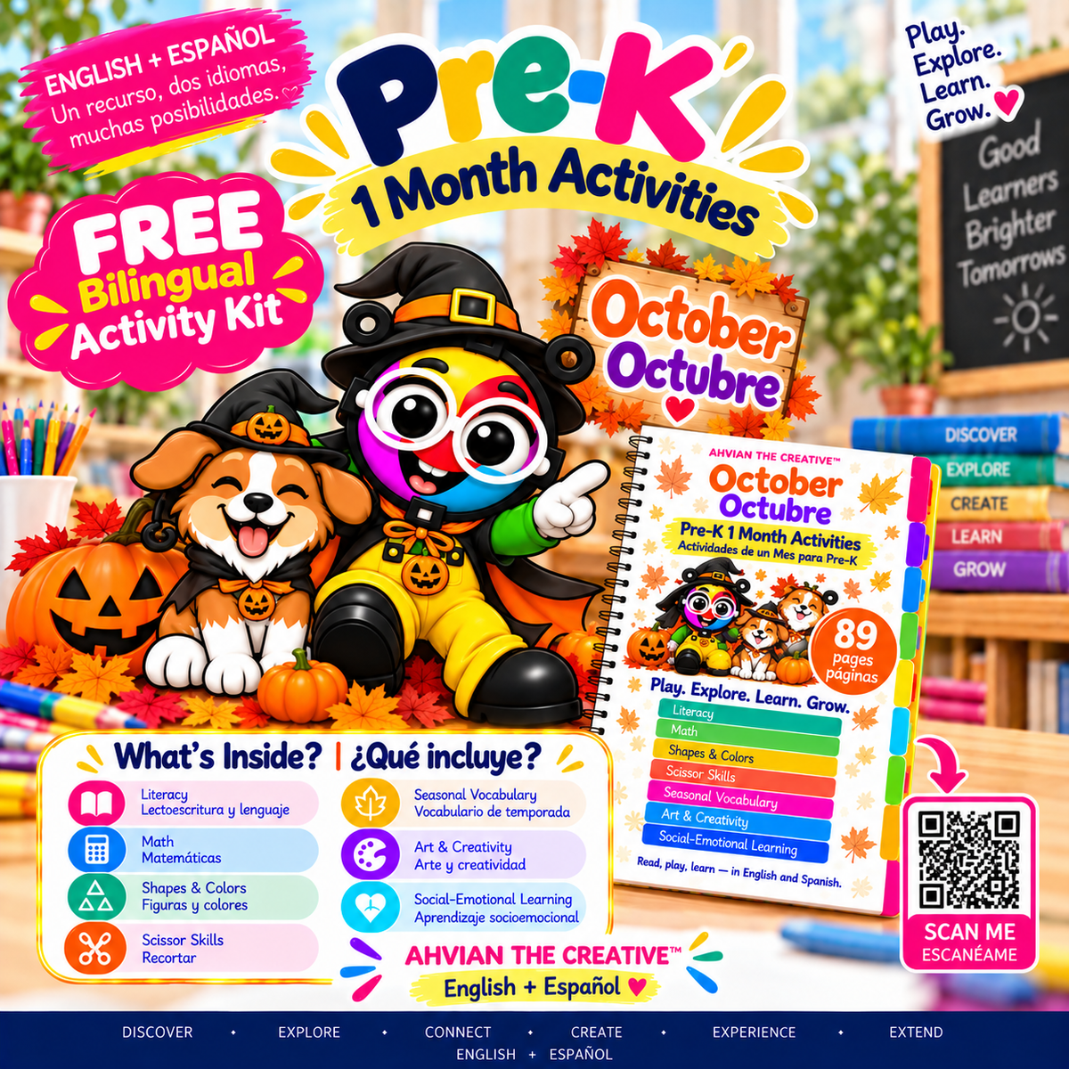 Free October Pre-K Bilingual Activity Kit (90 Pages) | English + Español