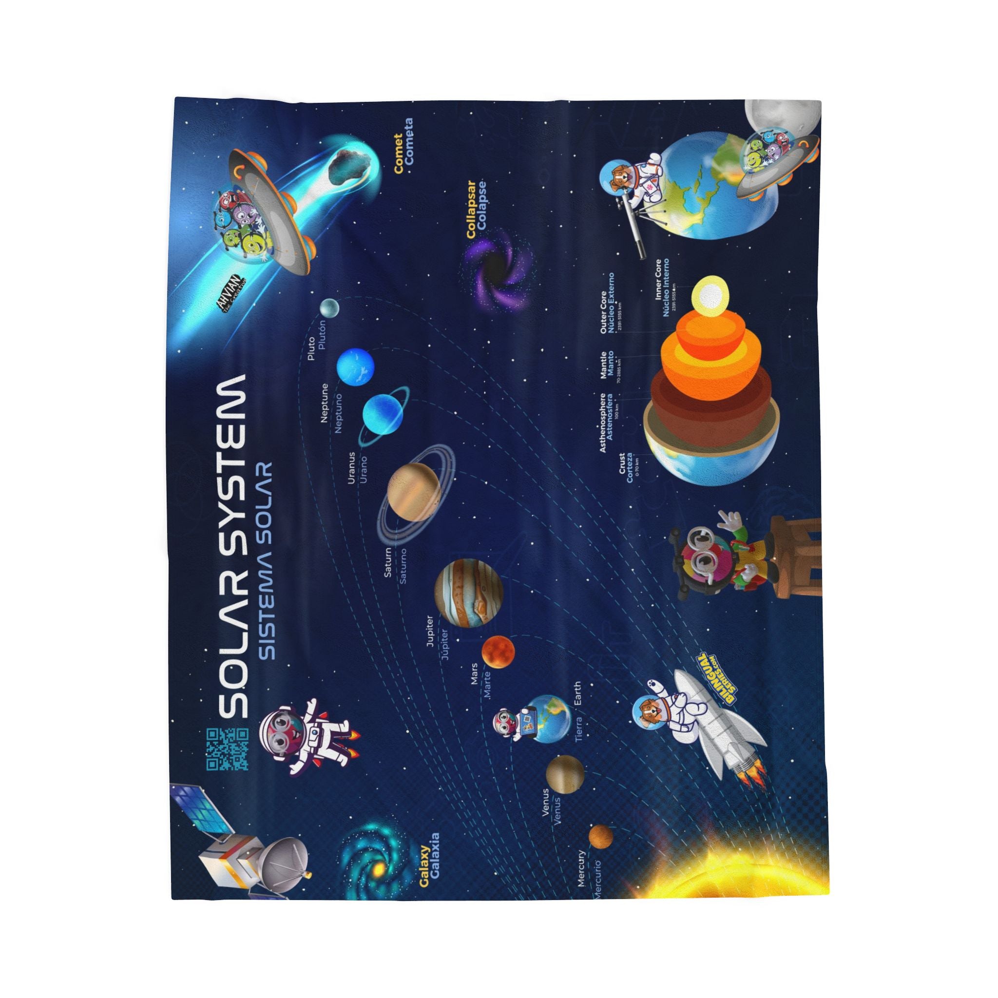 Bilingual Solar System Velveteen Plush Blanket | English & Spanish | 50" × 60"