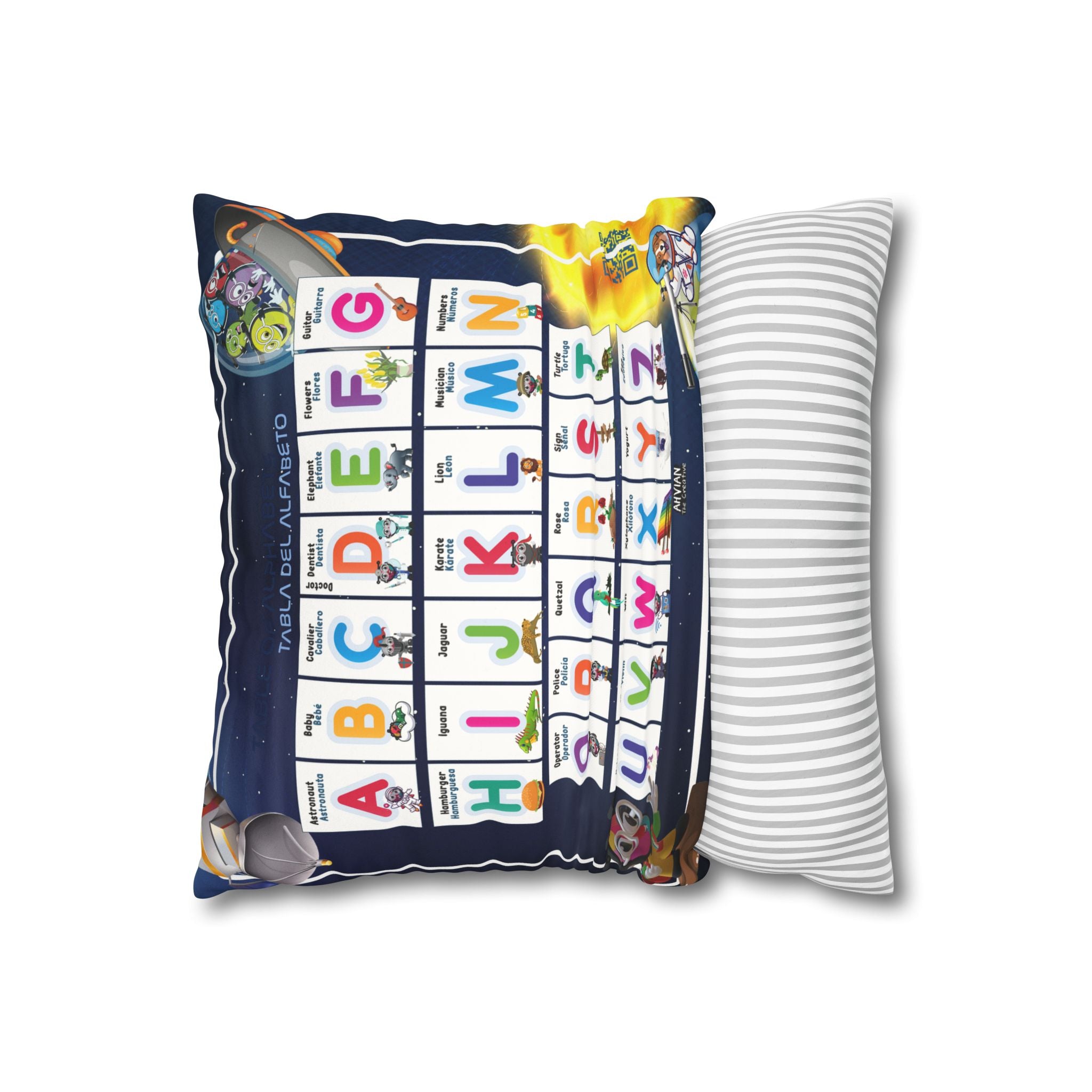 Bilingual Solar System Sensory Faux Suede Square Pillowcase & Bilingual Alphabet Pillowcase