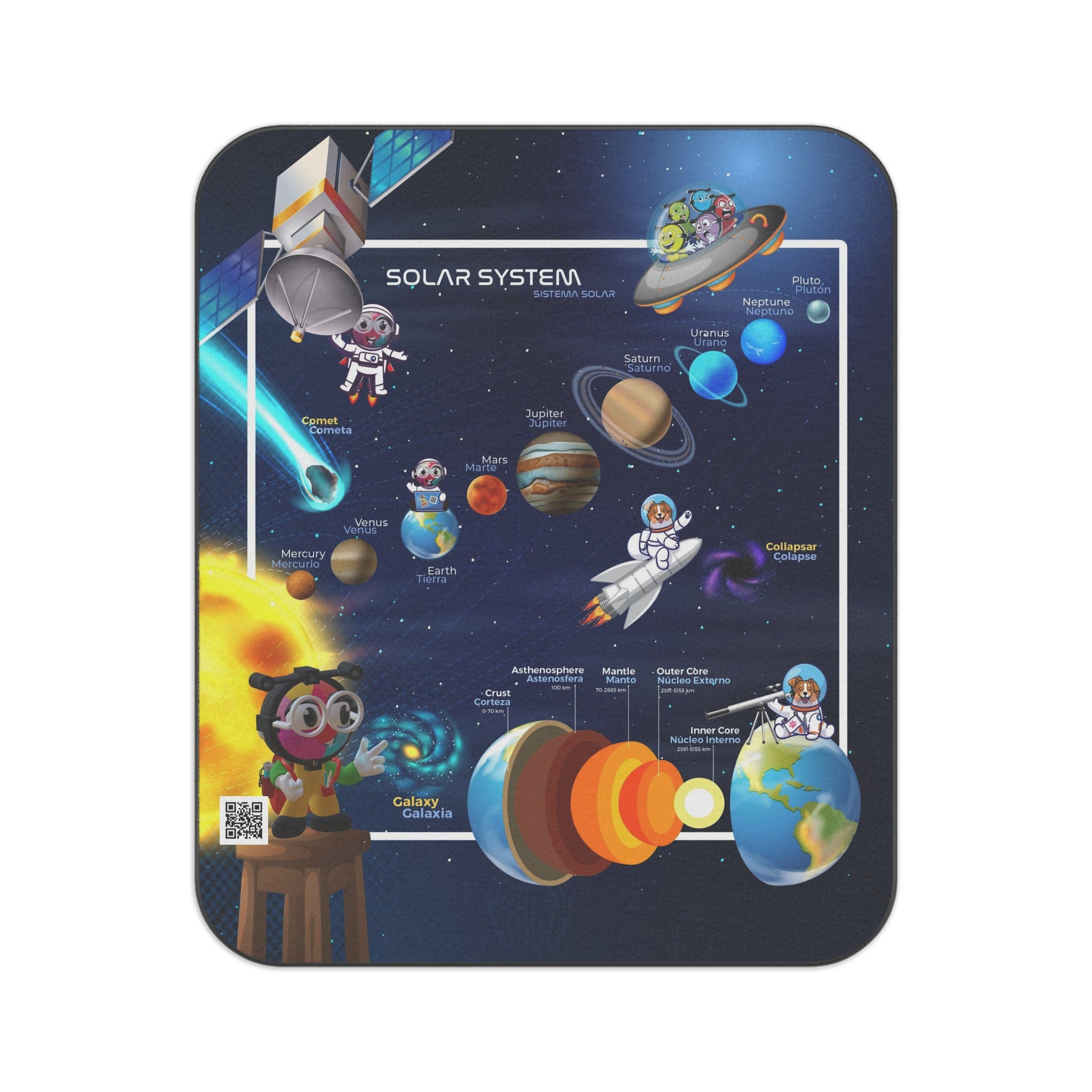 Rolls-up floor Blanket. Classroom Space - Bilingual Solar System waterproof with strap with buckles