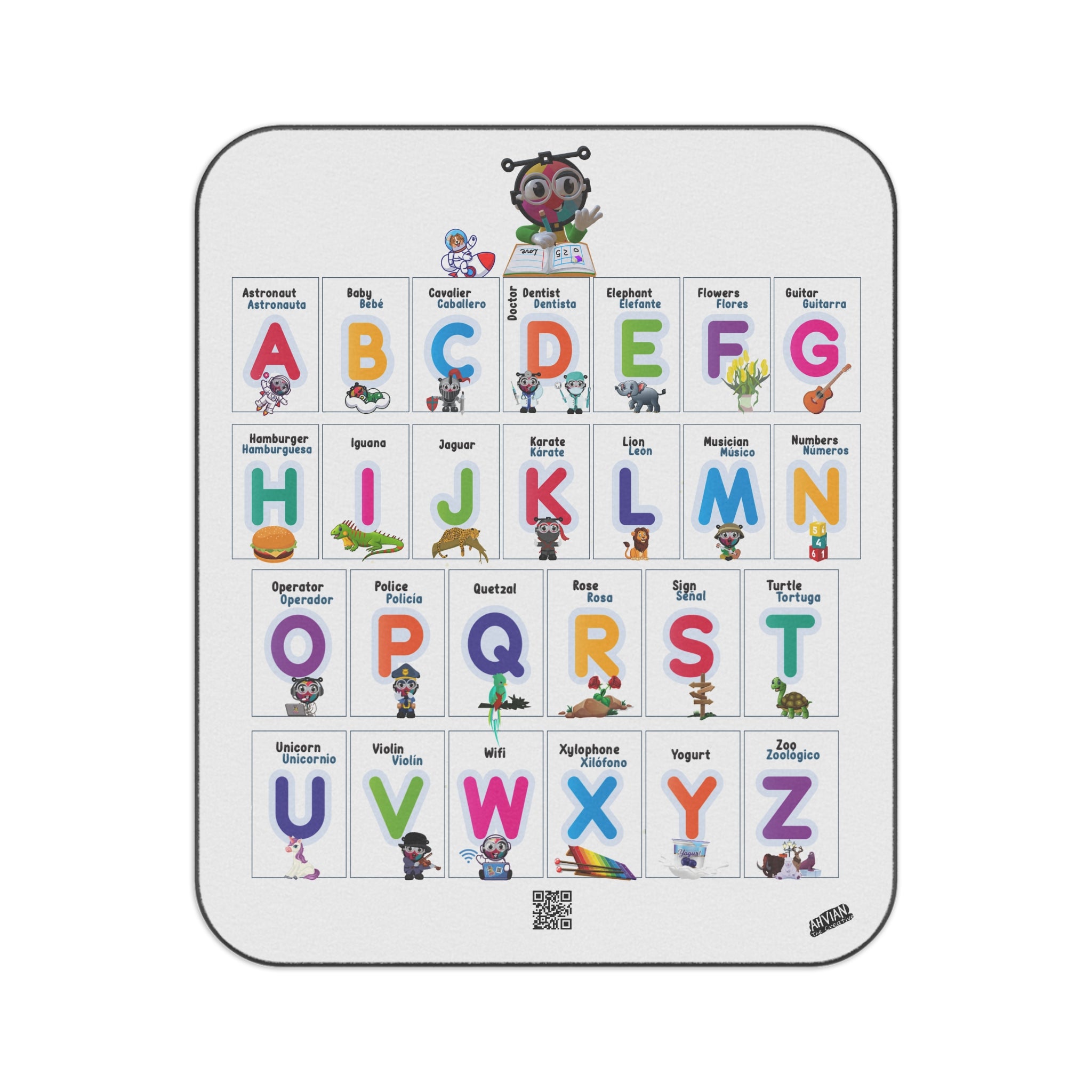 Roll-up Floor Blanket Water-Resistant-Bilingual Alphabet - with strap & buckles to carry