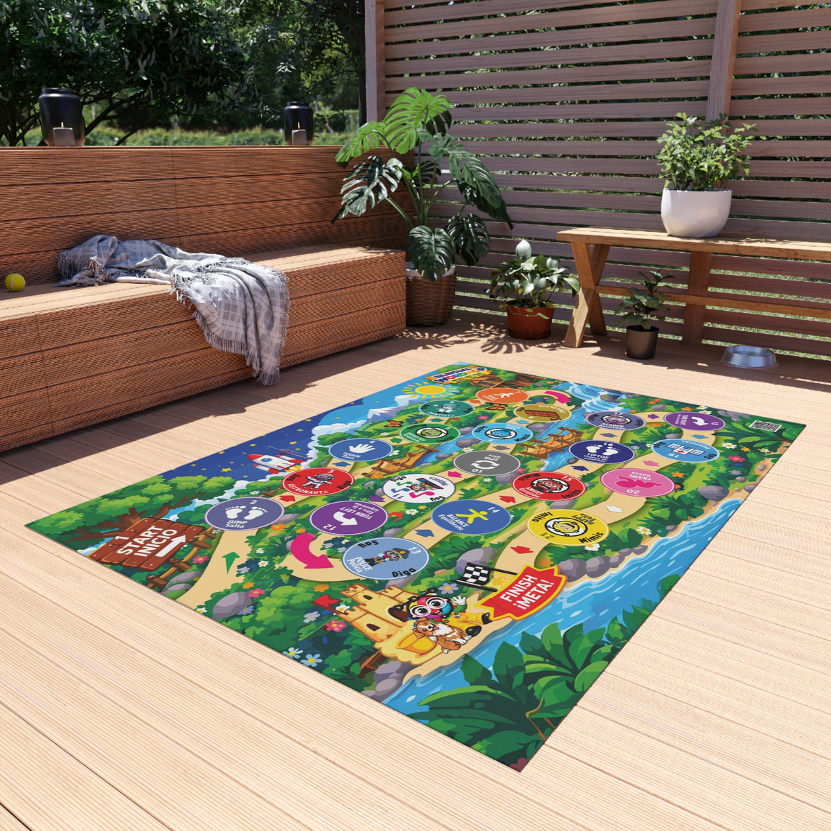 Bilingual WordHop Game Rug - Educational Rug  5 ft × 7 ft English/Spanish Carpet ( Jump, walk, tiptoe, literacy and Emotions Mat for Kids, Library, Playroom )