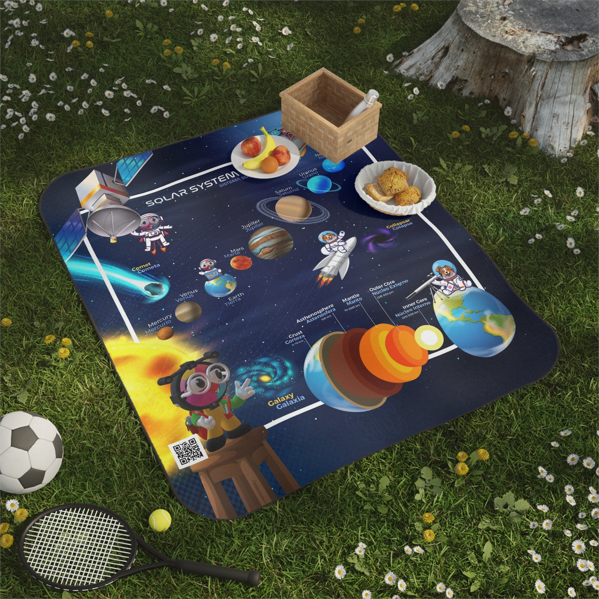 Rolls-up floor Blanket. Classroom Space - Bilingual Solar System waterproof with strap with buckles