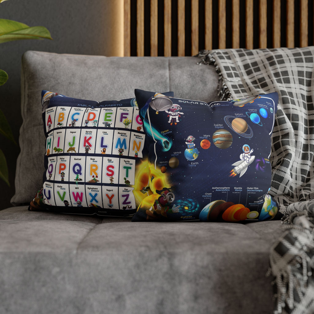 Bilingual Solar System Sensory Faux Suede Square Pillowcase & Bilingual Alphabet Pillowcase