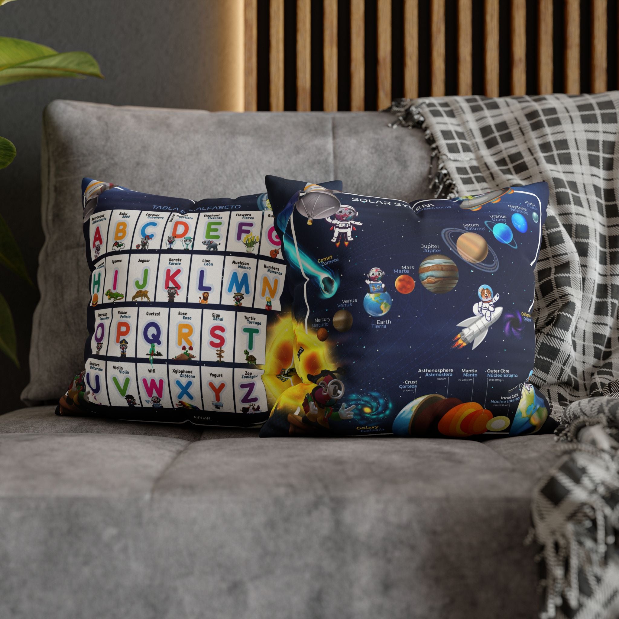 Bilingual Solar System Sensory Faux Suede Square Pillowcase & Bilingual Alphabet Pillowcase