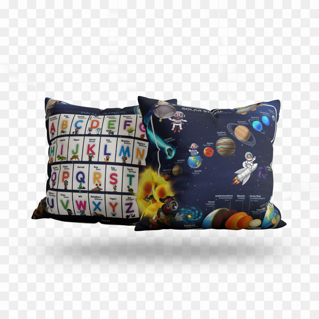Bilingual Solar System Sensory Faux Suede Square Pillowcase & Bilingual Alphabet Pillowcase