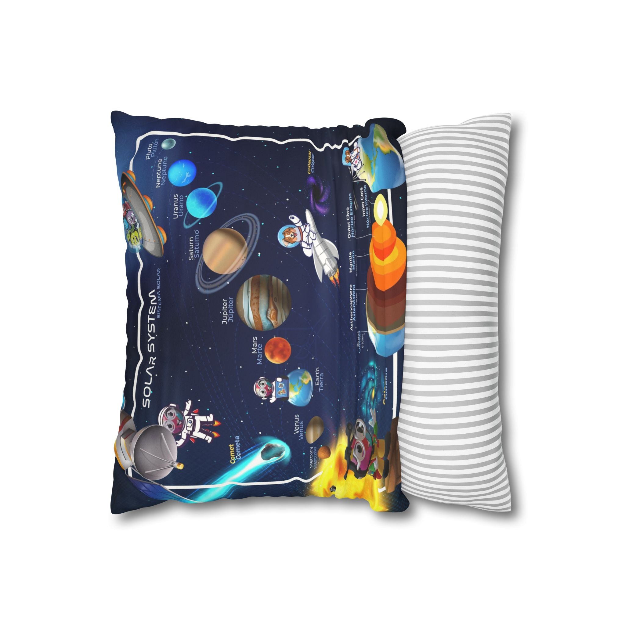 Bilingual Solar System Sensory Faux Suede Square Pillowcase & Bilingual Alphabet Pillowcase