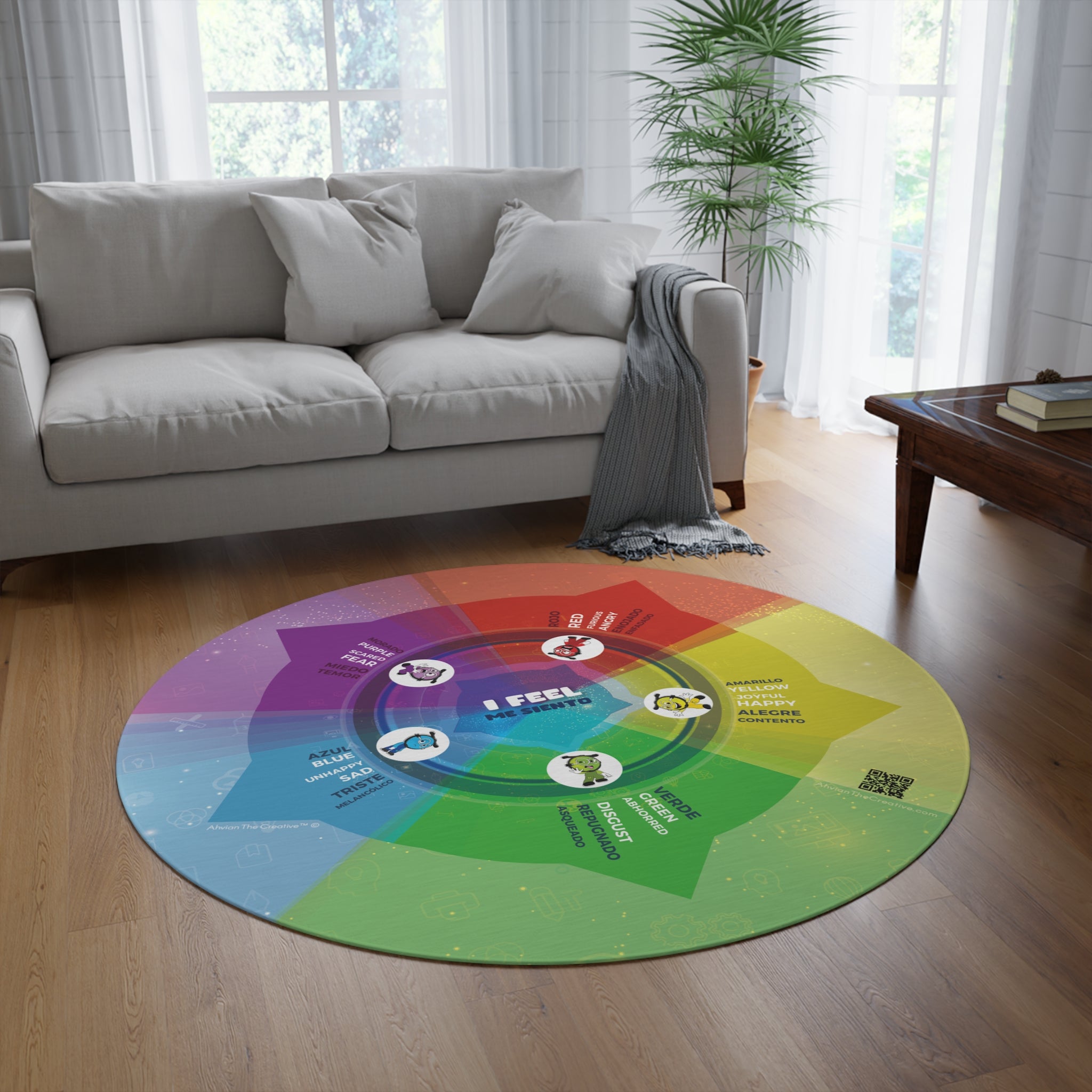 Bilingual Feelings & Emotions Round Rug for clinic classroom (SEL)