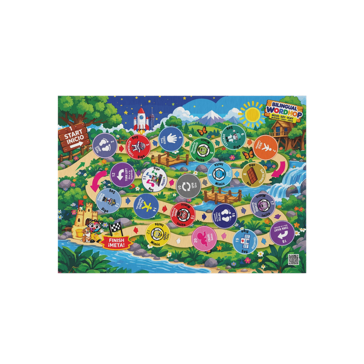 Bilingual WordHop Game Rug - Educational Rug  5 ft × 7 ft English/Spanish Carpet ( Jump, walk, tiptoe, literacy and Emotions Mat for Kids, Library, Playroom )