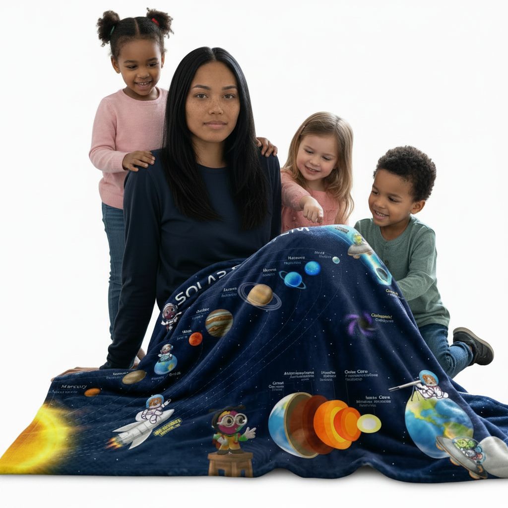 Bilingual Solar System Velveteen Plush Blanket | English & Spanish | 50" × 60"