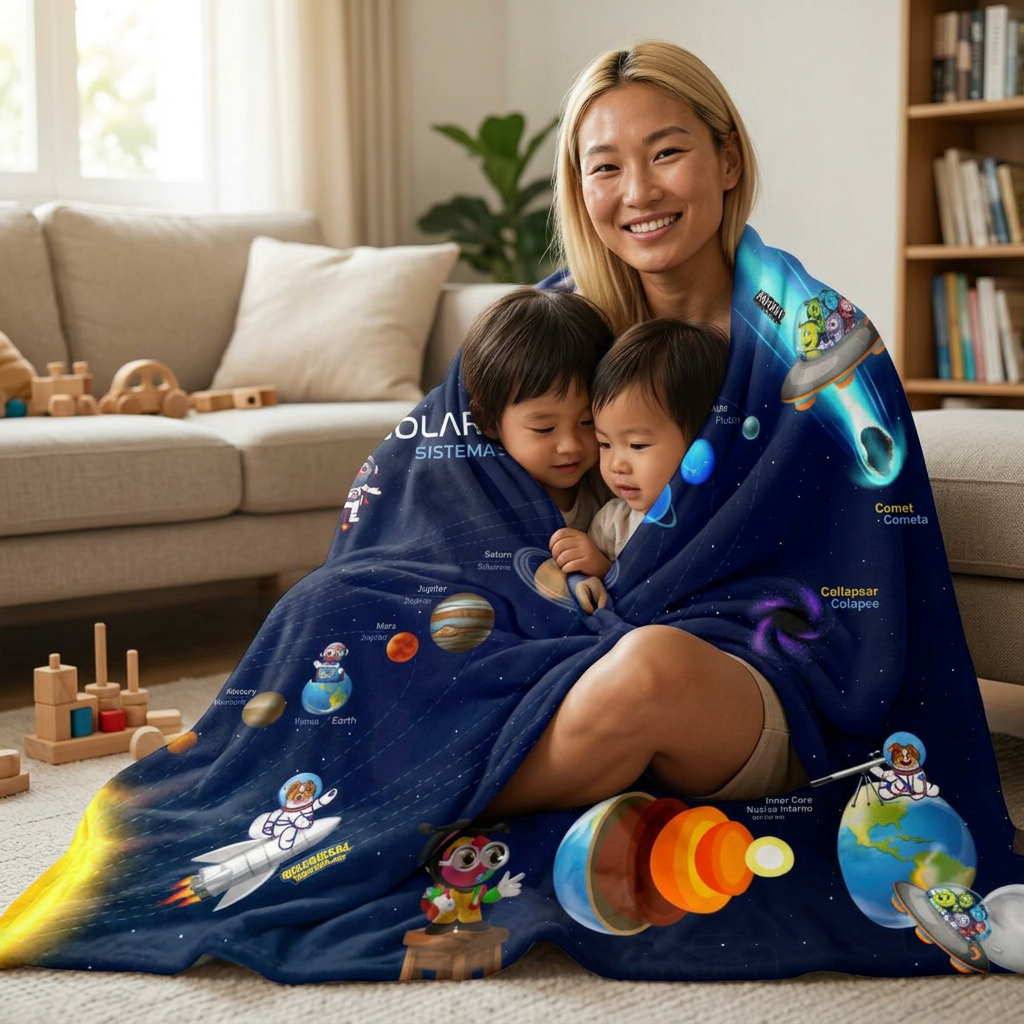 Bilingual Solar System Velveteen Plush Blanket | English & Spanish | 50" × 60"