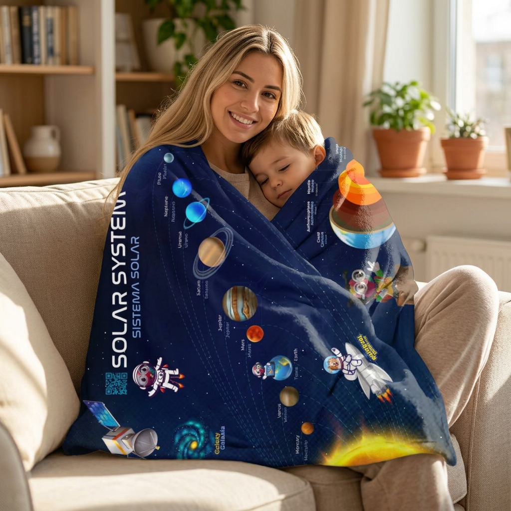 Bilingual Solar System Velveteen Plush Blanket | English & Spanish | 50" × 60"