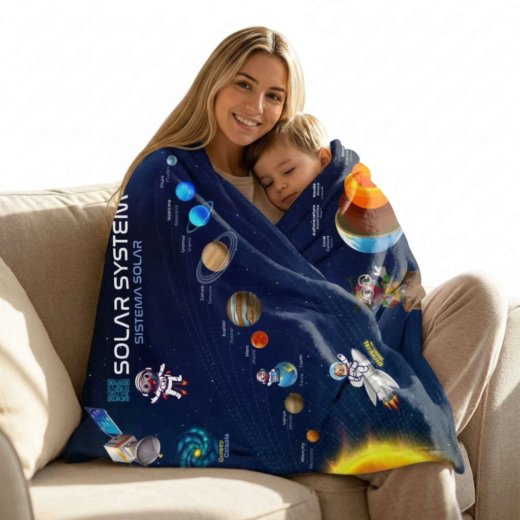 Bilingual Solar System Velveteen Plush Blanket | English & Spanish | 50" × 60"