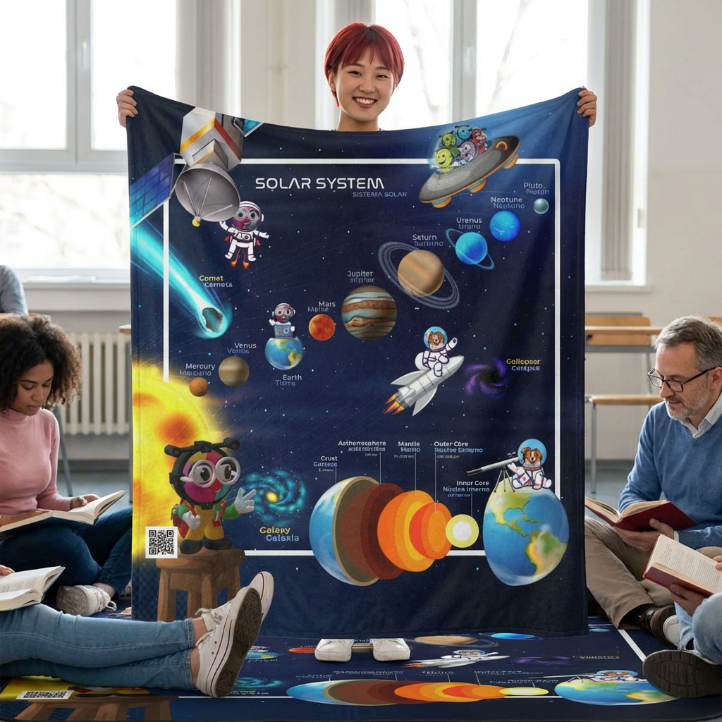Rolls-up floor Blanket. Classroom Space - Bilingual Solar System waterproof with strap with buckles