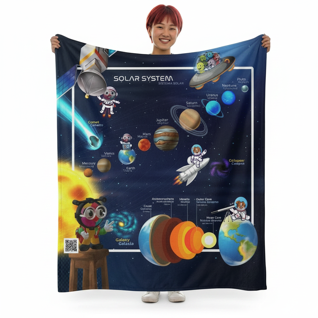Rolls-up floor Blanket. Classroom Space - Bilingual Solar System waterproof with strap with buckles