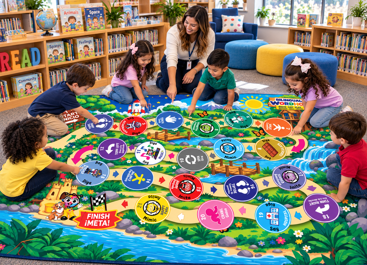 Bilingual WordHop Game Rug - Educational Rug  5 ft × 7 ft English/Spanish Carpet ( Jump, walk, tiptoe, literacy and Emotions Mat for Kids, Library, Playroom )