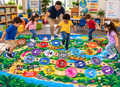 Bilingual WordHop Game Rug - Educational Rug  5 ft × 7 ft English/Spanish Carpet ( Jump, walk, tiptoe, literacy and Emotions Mat for Kids, Library, Playroom )