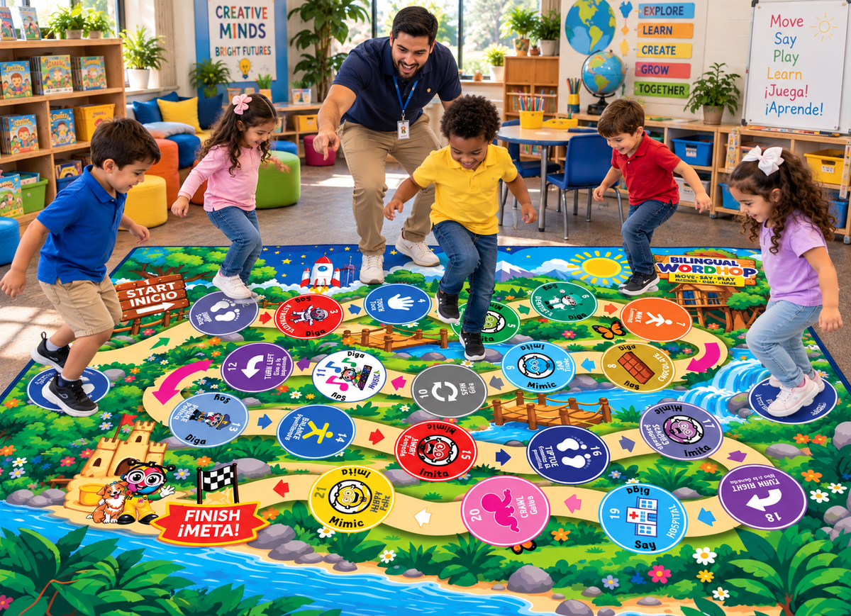 Bilingual WordHop Game Rug - Educational Rug  5 ft × 7 ft English/Spanish Carpet ( Jump, walk, tiptoe, literacy and Emotions Mat for Kids, Library, Playroom )