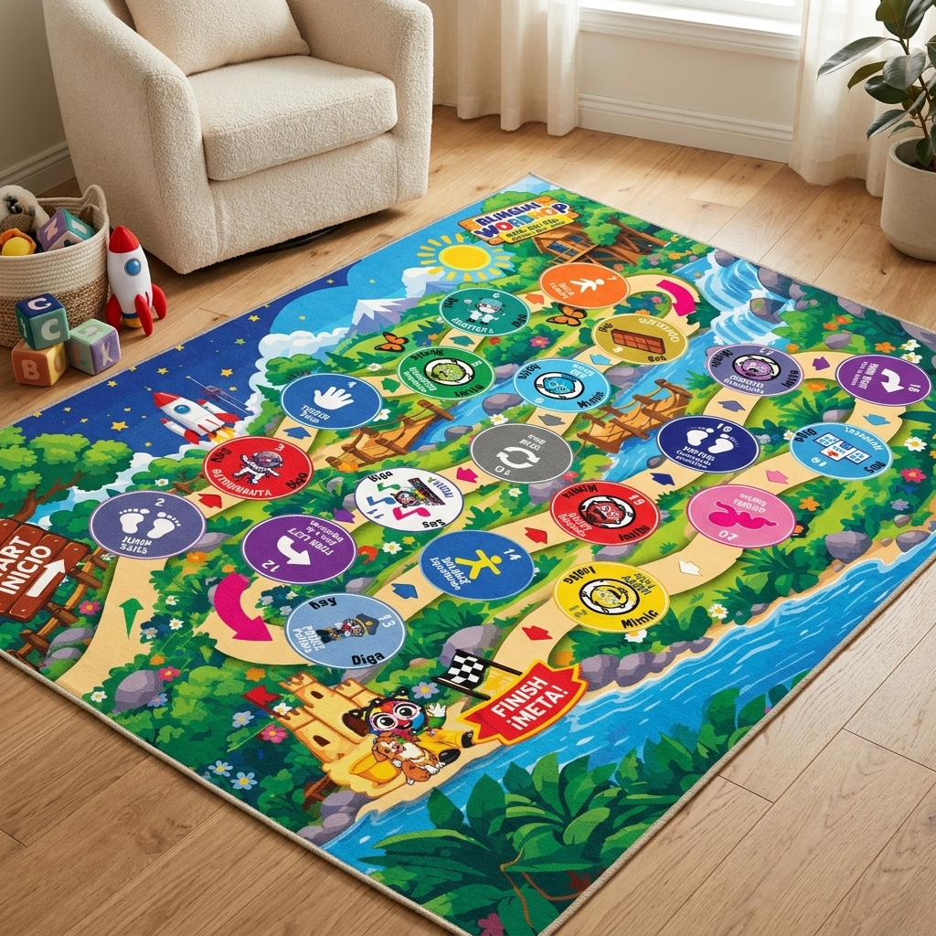 Bilingual WordHop Game Rug - Educational Rug  5 ft × 7 ft English/Spanish Carpet ( Jump, walk, tiptoe, literacy and Emotions Mat for Kids, Library, Playroom )