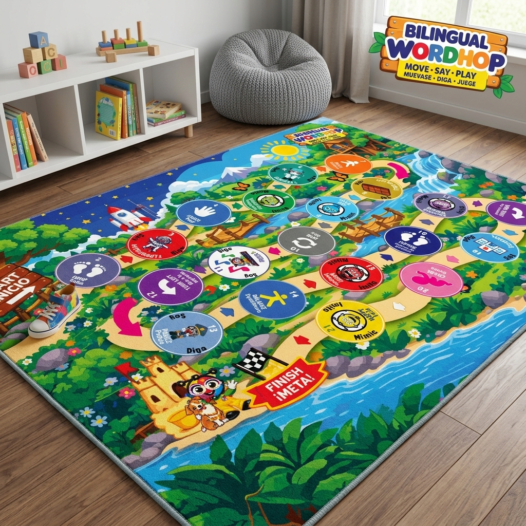 Bilingual WordHop Game Rug - Educational Rug  5 ft × 7 ft English/Spanish Carpet ( Jump, walk, tiptoe, literacy and Emotions Mat for Kids, Library, Playroom )