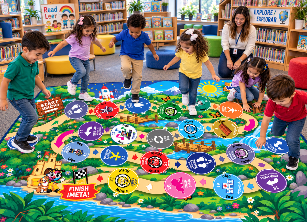 Bilingual WordHop Game Rug - Educational Rug  5 ft × 7 ft English/Spanish Carpet ( Jump, walk, tiptoe, literacy and Emotions Mat for Kids, Library, Playroom )