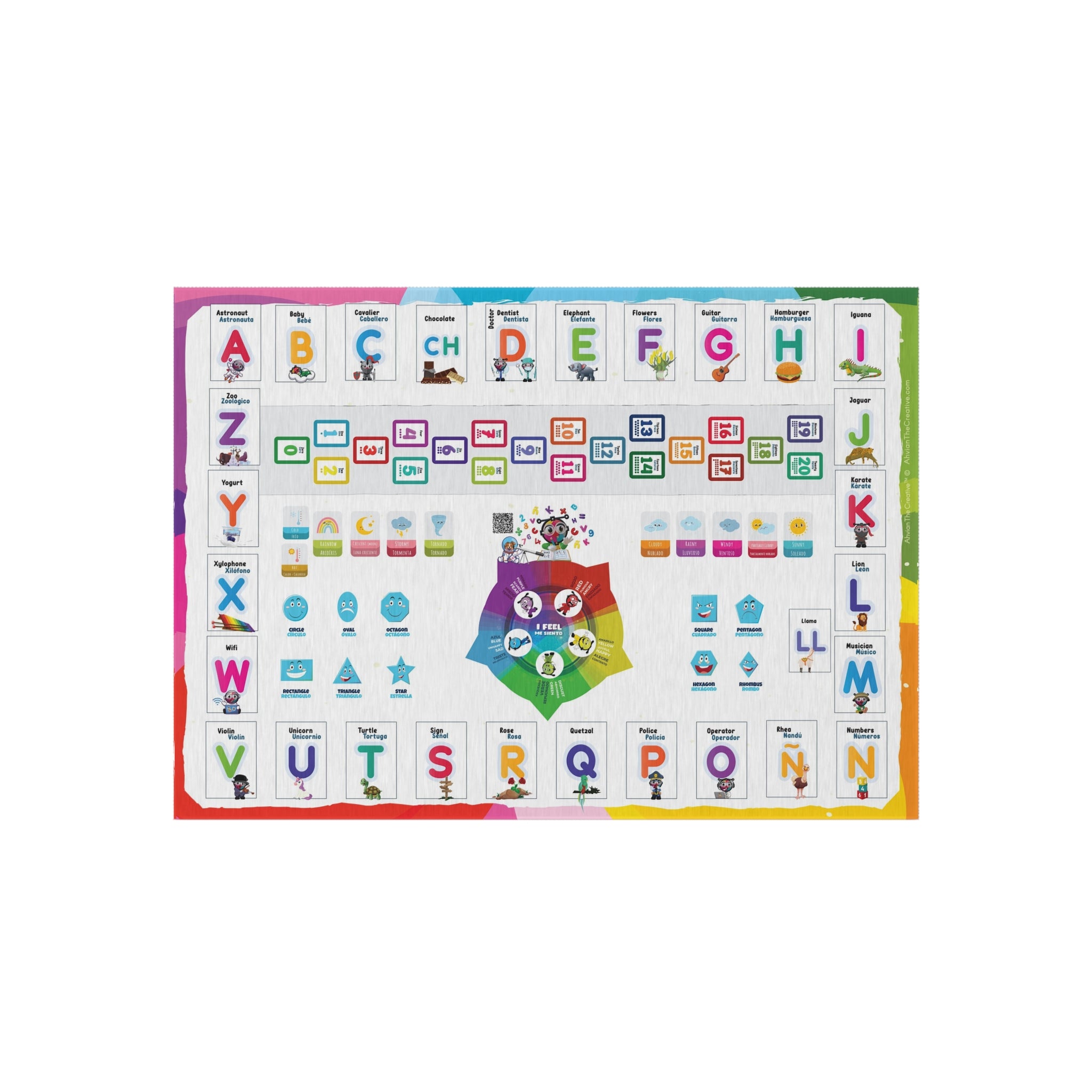 Bilingual Educational Rug  5 ft × 7 ft English/Spanish Carpet (Alphabet, Numbers, Shapes, Emotions  Mat for Kids, Library, Playroom
