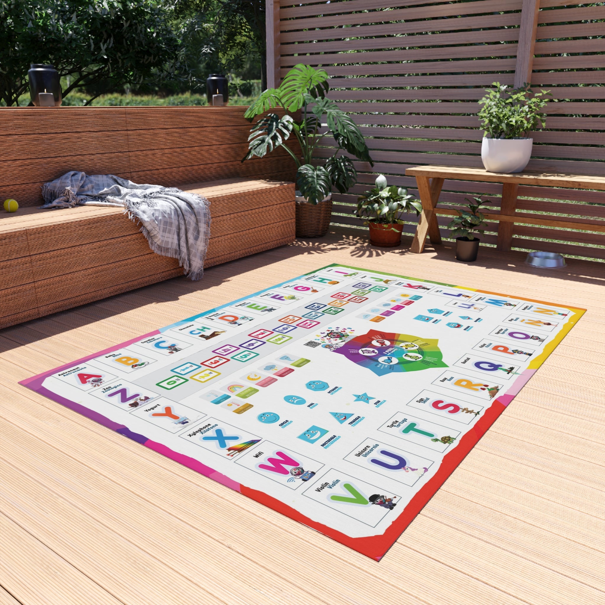Bilingual Educational Rug  5 ft × 7 ft English/Spanish Carpet (Alphabet, Numbers, Shapes, Emotions  Mat for Kids, Library, Playroom