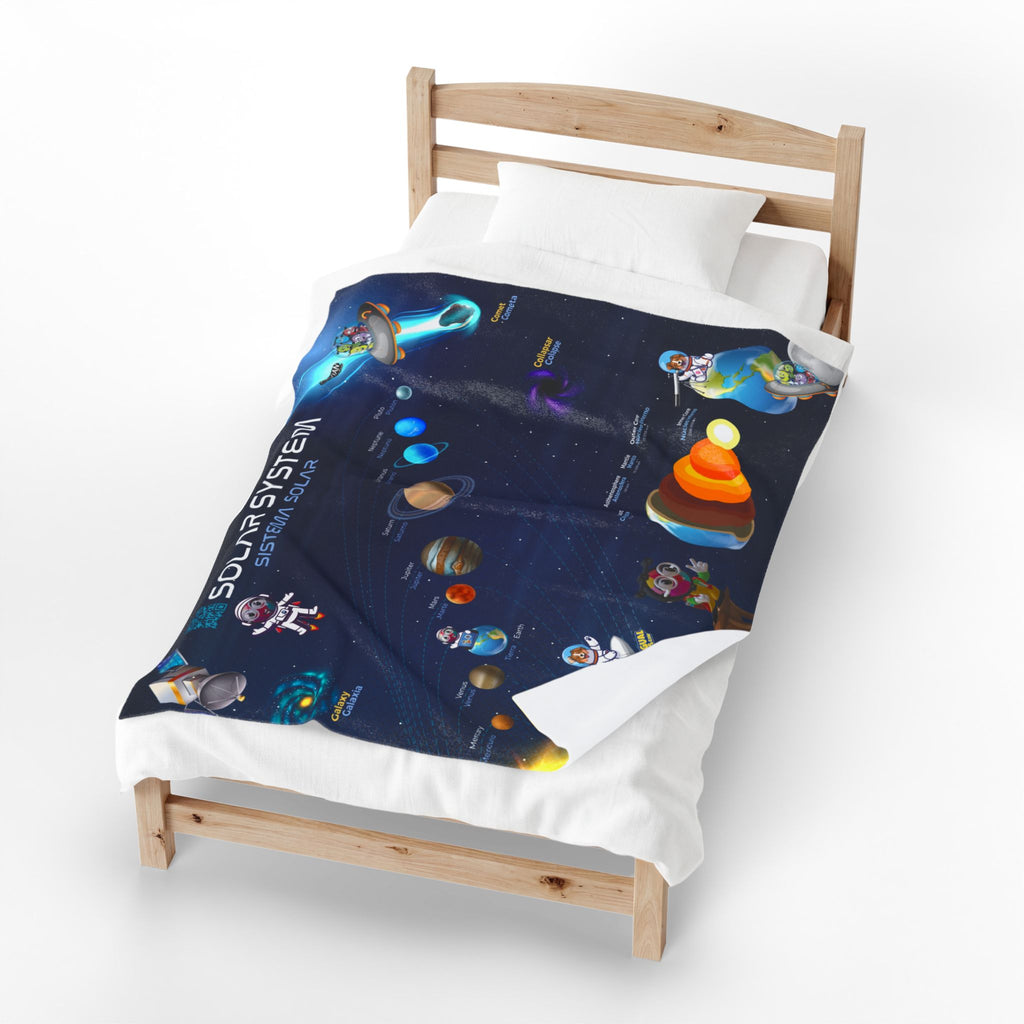 Bilingual Solar System Velveteen Plush Blanket | English & Spanish | 50" × 60"