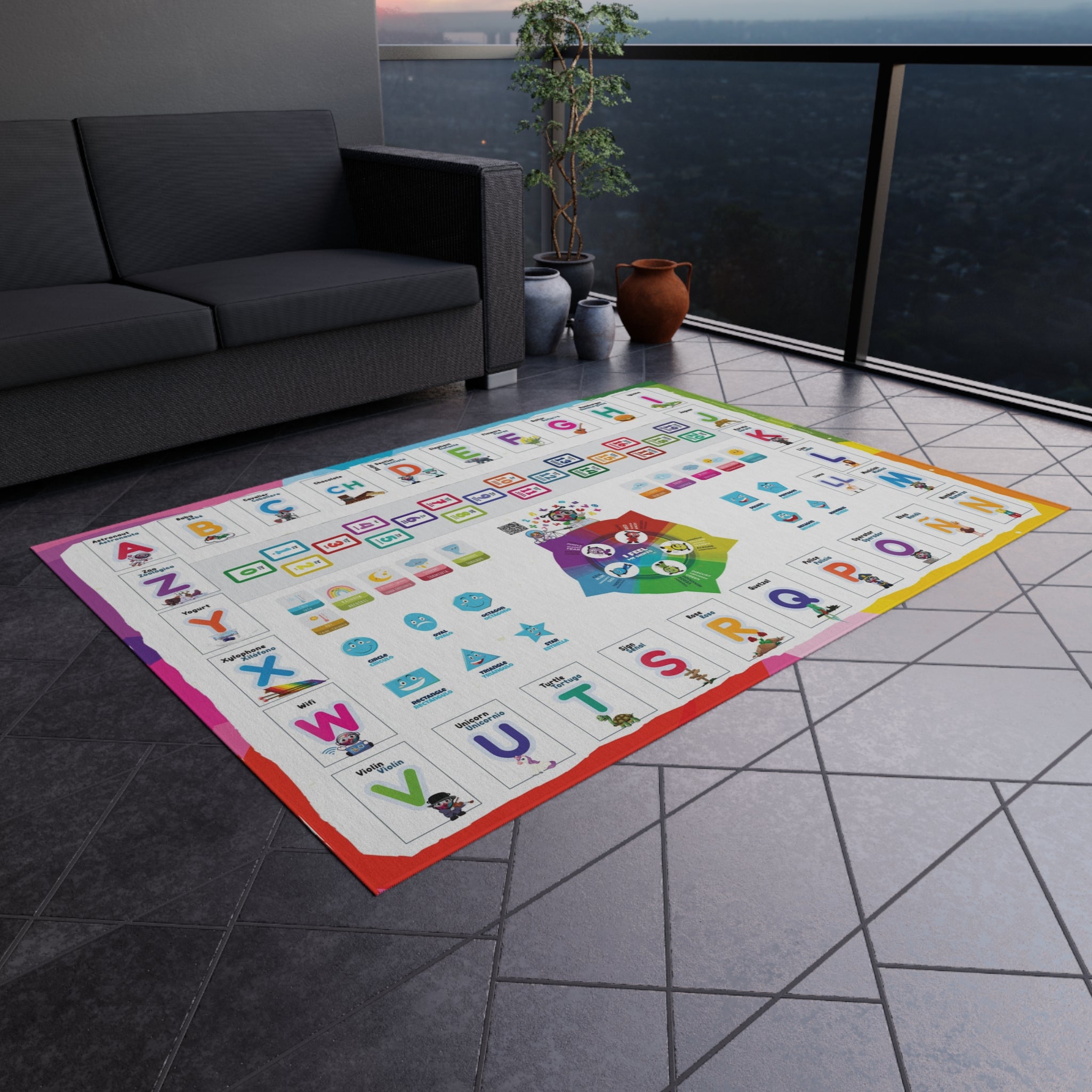 Bilingual Educational Rug  5 ft × 7 ft English/Spanish Carpet (Alphabet, Numbers, Shapes, Emotions  Mat for Kids, Library, Playroom