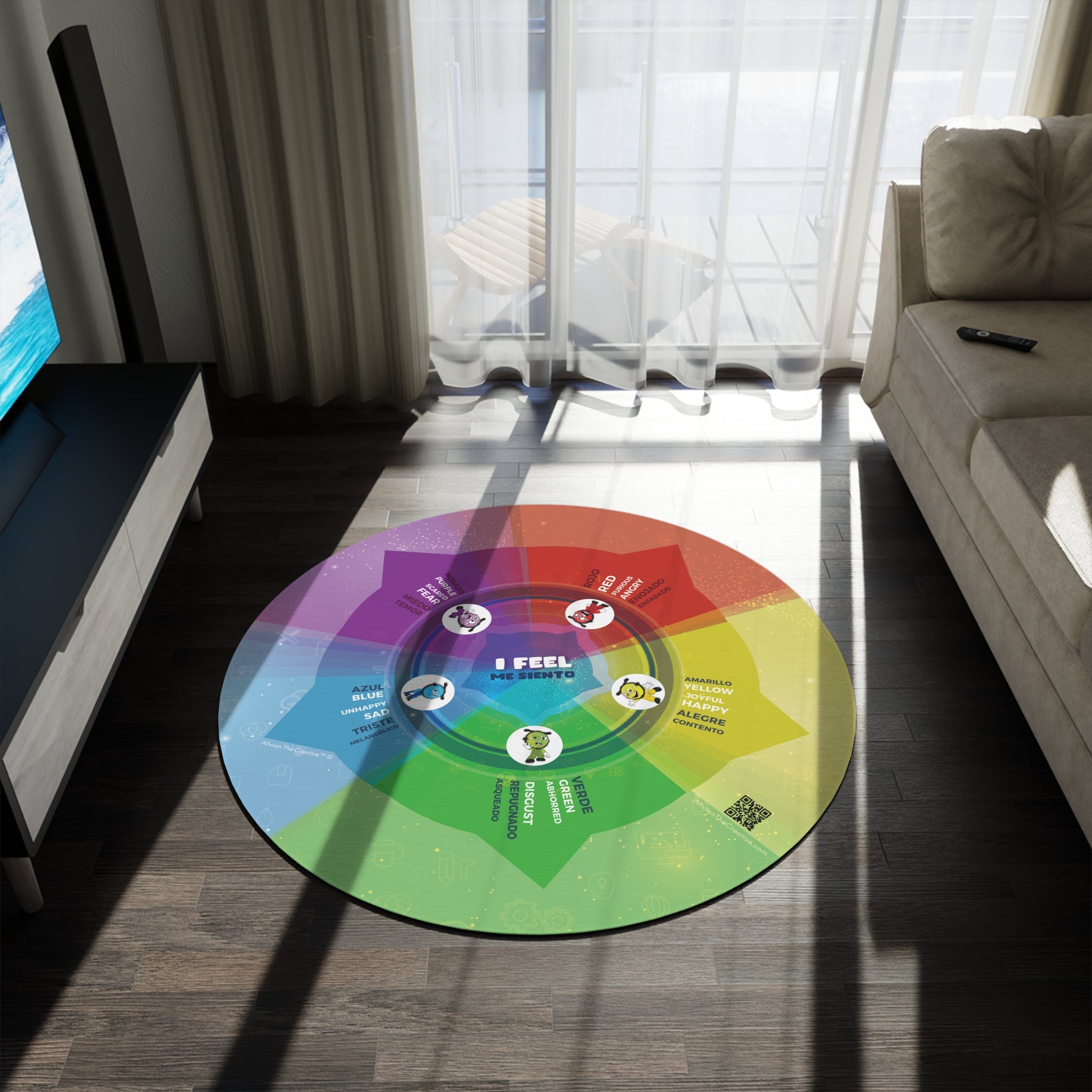Bilingual Feelings & Emotions Round Rug for clinic classroom (SEL)