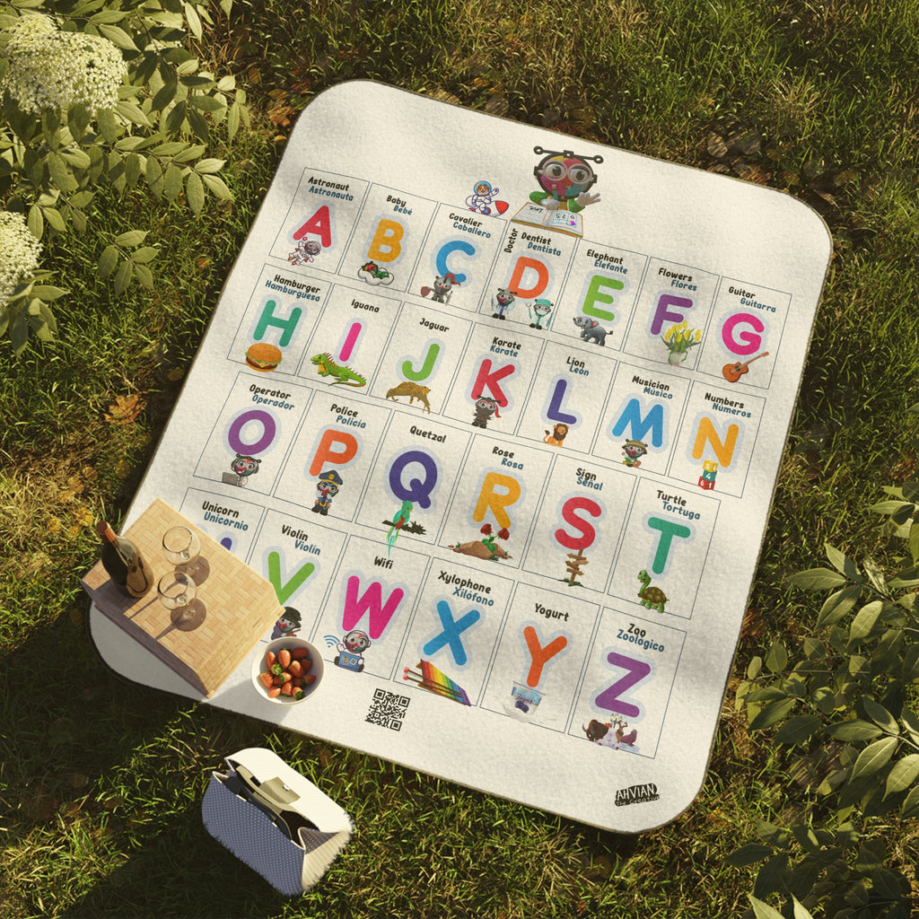 Roll-up Floor Blanket Water-Resistant-Bilingual Alphabet - with strap & buckles to carry