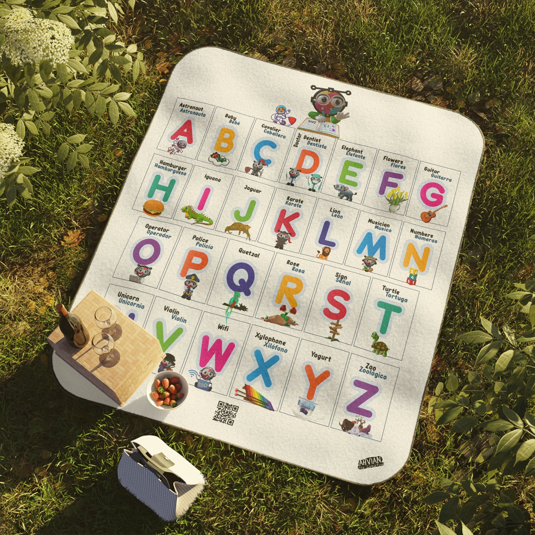 Roll-up Floor Blanket Water-Resistant-Bilingual Alphabet - with strap & buckles to carry