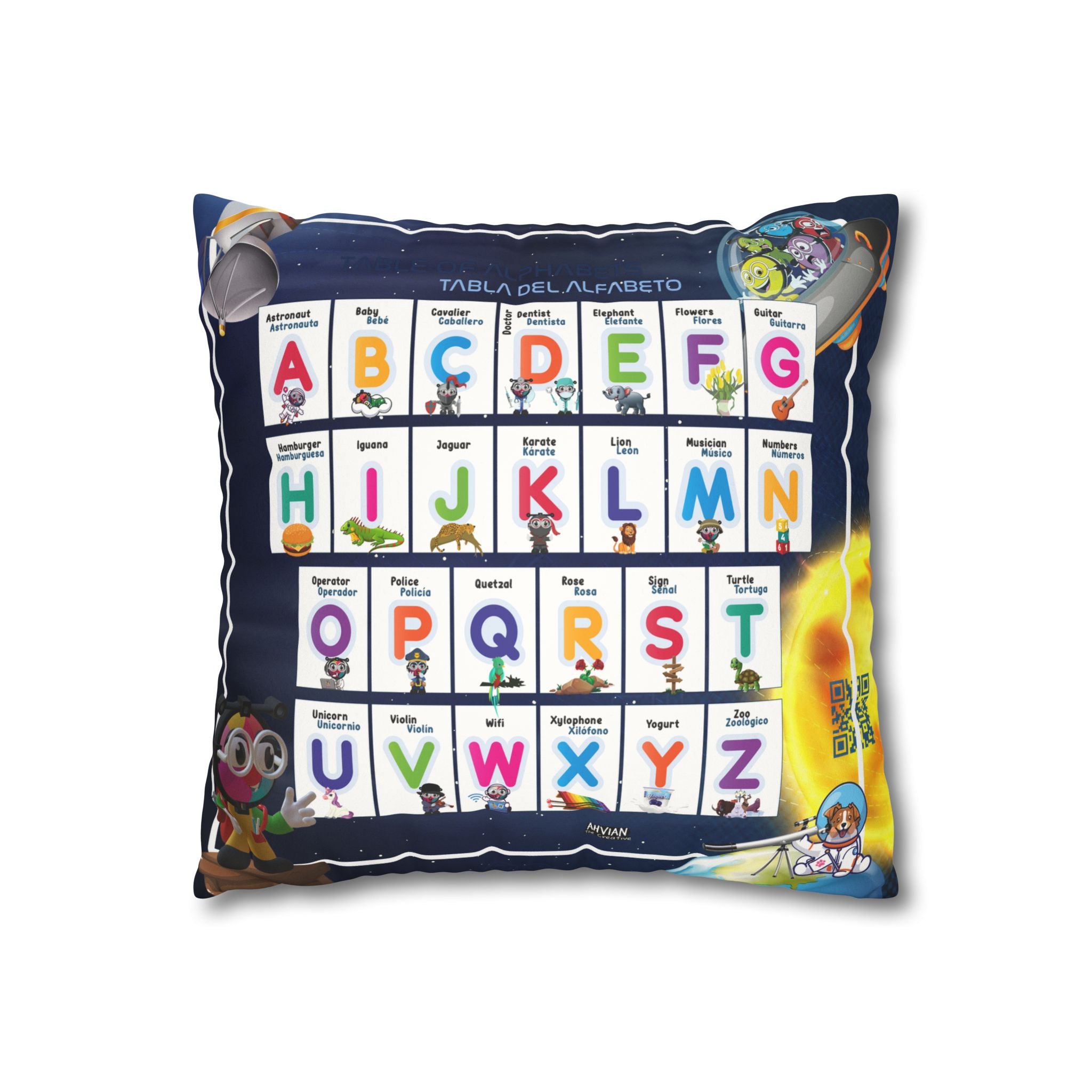 Bilingual Solar System Sensory Faux Suede Square Pillowcase & Bilingual Alphabet Pillowcase