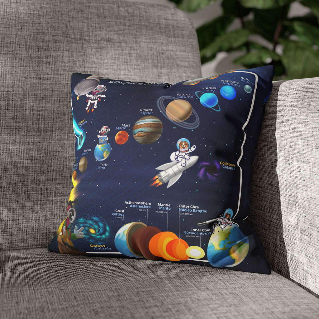 Bilingual Solar System Sensory Faux Suede Square Pillowcase & Bilingual Alphabet Pillowcase
