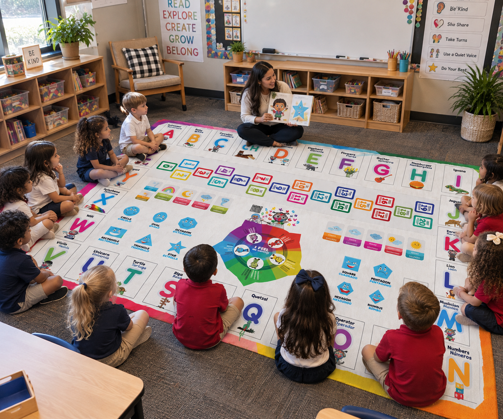 Bilingual Educational Rug  5 ft × 7 ft English/Spanish Carpet (Alphabet, Numbers, Shapes, Emotions  Mat for Kids, Library, Playroom