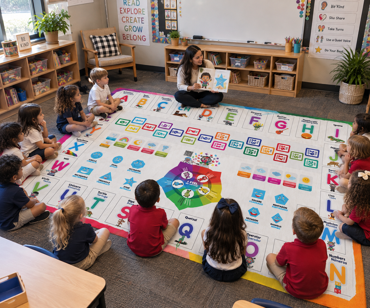 Bilingual Educational Rug  5 ft × 7 ft English/Spanish Carpet (Alphabet, Numbers, Shapes, Emotions  Mat for Kids, Library, Playroom