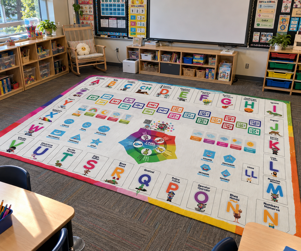 Bilingual Educational Rug  5 ft × 7 ft English/Spanish Carpet (Alphabet, Numbers, Shapes, Emotions  Mat for Kids, Library, Playroom