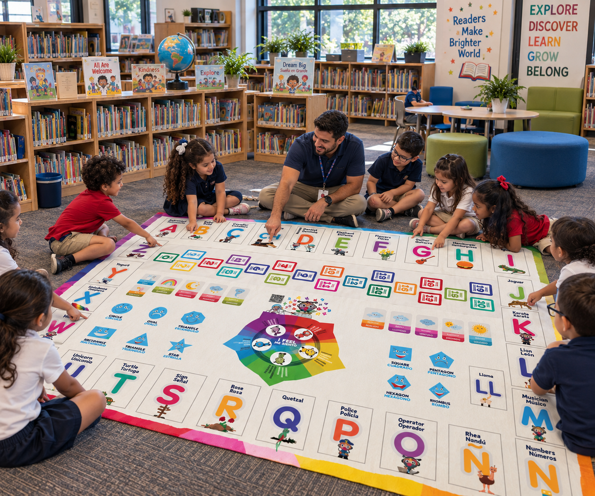 Bilingual Educational Rug  5 ft × 7 ft English/Spanish Carpet (Alphabet, Numbers, Shapes, Emotions  Mat for Kids, Library, Playroom