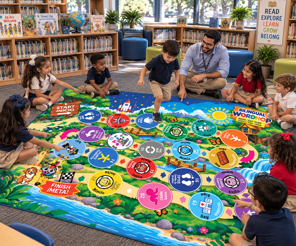 Bilingual WordHop Game Rug - Educational Rug  5 ft × 7 ft English/Spanish Carpet ( Jump, walk, tiptoe, literacy and Emotions Mat for Kids, Library, Playroom )