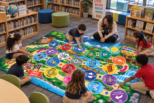 Bilingual WordHop Game Rug - Educational Rug  5 ft × 7 ft English/Spanish Carpet ( Jump, walk, tiptoe, literacy and Emotions Mat for Kids, Library, Playroom )