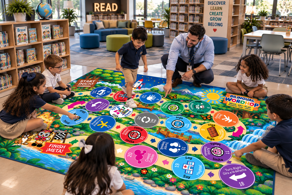 Bilingual WordHop Game Rug - Educational Rug  5 ft × 7 ft English/Spanish Carpet ( Jump, walk, tiptoe, literacy and Emotions Mat for Kids, Library, Playroom )